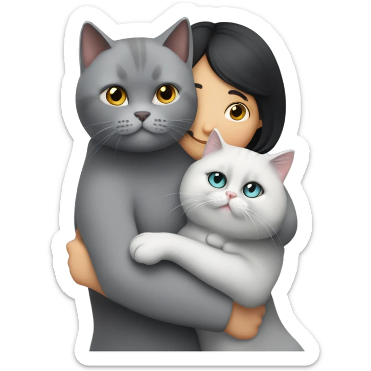 annoyend light gray british shorthair cat and a lady with a 2B black hair hugging the cat lovingly sticker
