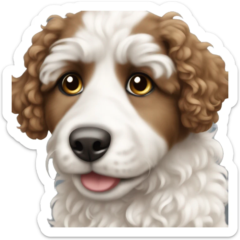 A curly hair doodle puppy with both brown and white face but a white body sticker