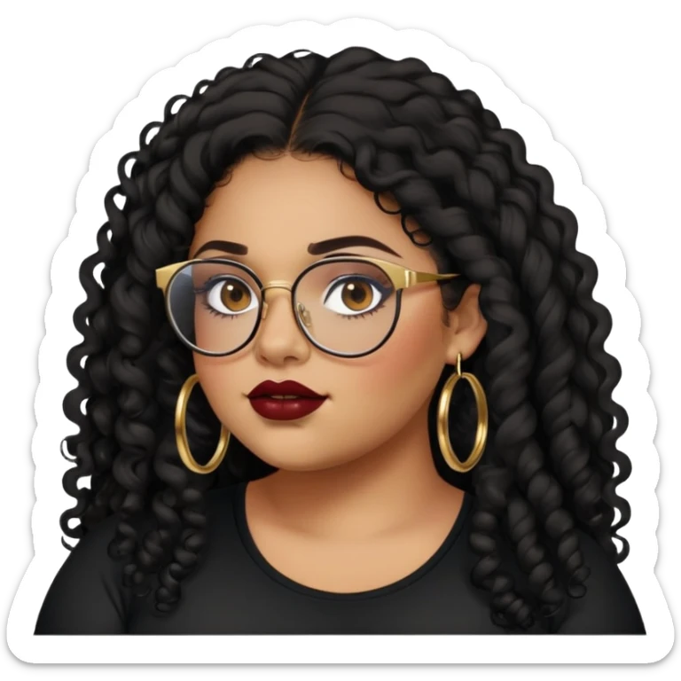 teen big plus size, latina, darker tan skin, gold hoops, long black curly hair, baddie,pretty, makeup, dark red lipgloss, black eyeliner, long hair, black shirt, black glasses sticker