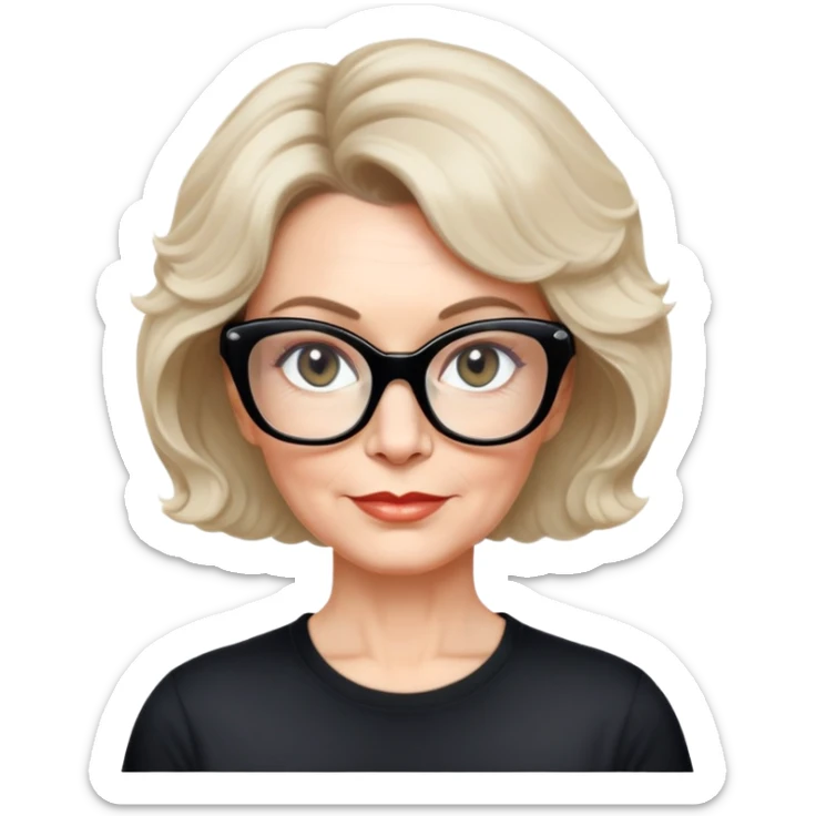 white woman about 50 years old with light warm skin, wide face, wavy black neck-length 80s short hair, low volume, neutral expression, large black shiny butterfly or cat-eye glasses, white casual t-shirt sticker