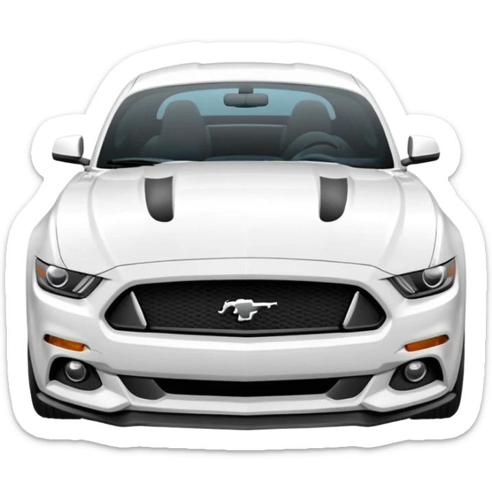 Make a 2013 mustang with a familiar look of an iPhone emoji and make the emoji have a front view of the Mustang and make the Mustang be white sticker