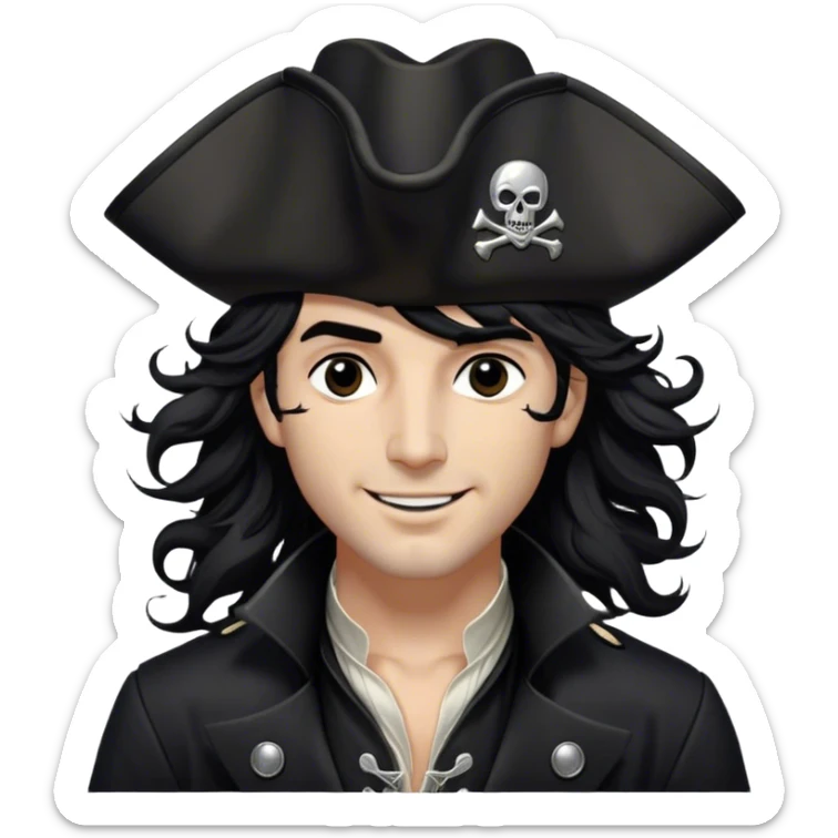 A charismatic pirate with wavy black hair tousled by the breeze. His silver-embroidered tricorn hat casts a shadow. Dark eyes glint with mischief as he looks to the side, a knowing smile on his lips. His black coat, adorned with silver buttons, shifts with the wind sticker
