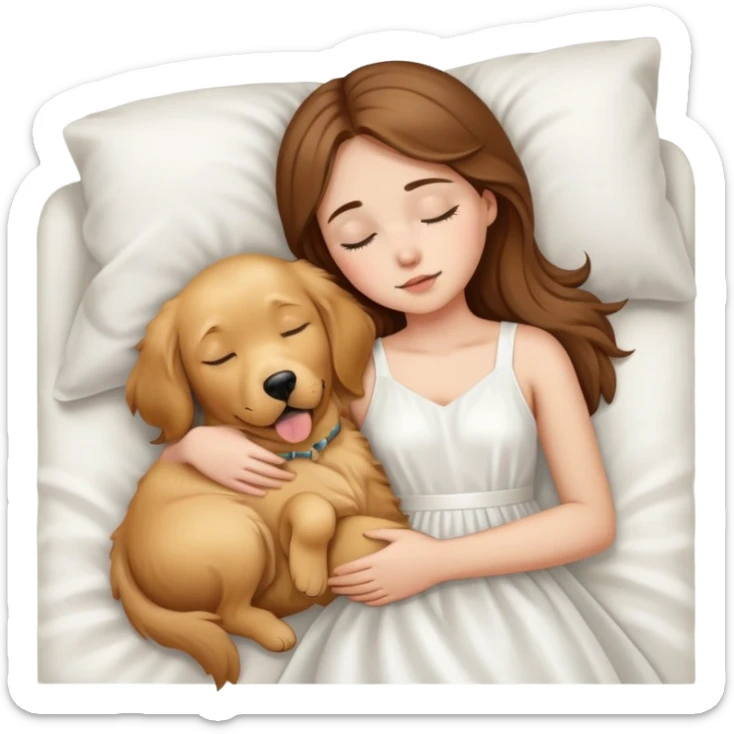 A girl with brown hair, white dress sleep with one golden retriever dog sticker