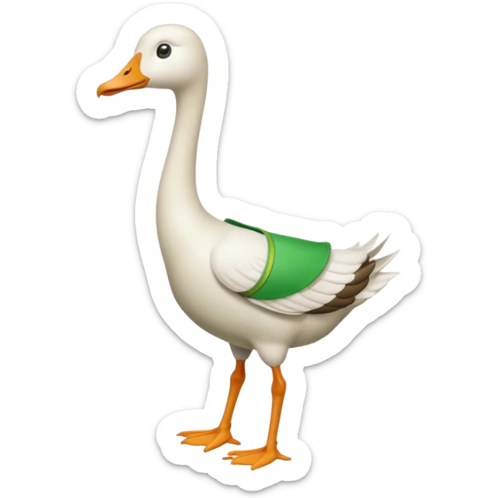 "Emoji of a white running goose with a very long neck and two legs. The goose wears bright green suspenders." sticker