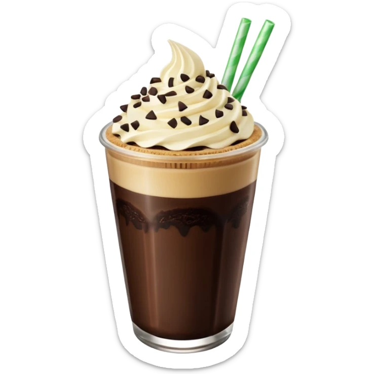 Vaso de vidrio con Frappé color café, crema en la parte superior con popote verde insertado en la crema, agregar encima de la crema chispas de chocolate y una galleta redonda color café oscuro tipo Oreo. sticker
