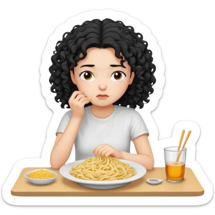 generate a pretty bratz fair skinned girl with curly black hair wearing a white tshirt sitting on a table with noodles. looking sleepy and tired sticker