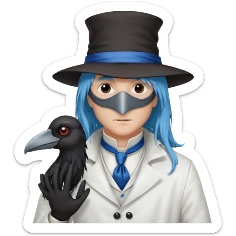 Plague Doctor with light-blue beautiful hair, handsome sexy, long hair tendril bangs down on the sides, white lab coat, blue cravat, black feathers on shoulder, raven companion, black gloves, red eyes sticker