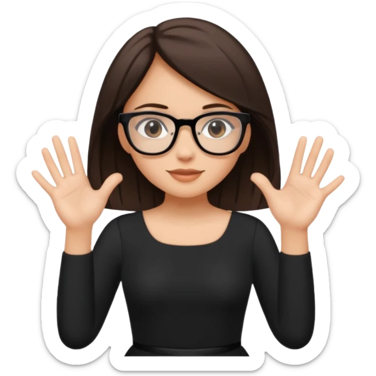 a cute white brunette girl in a black dress wearing glasses  with two hands  sticker