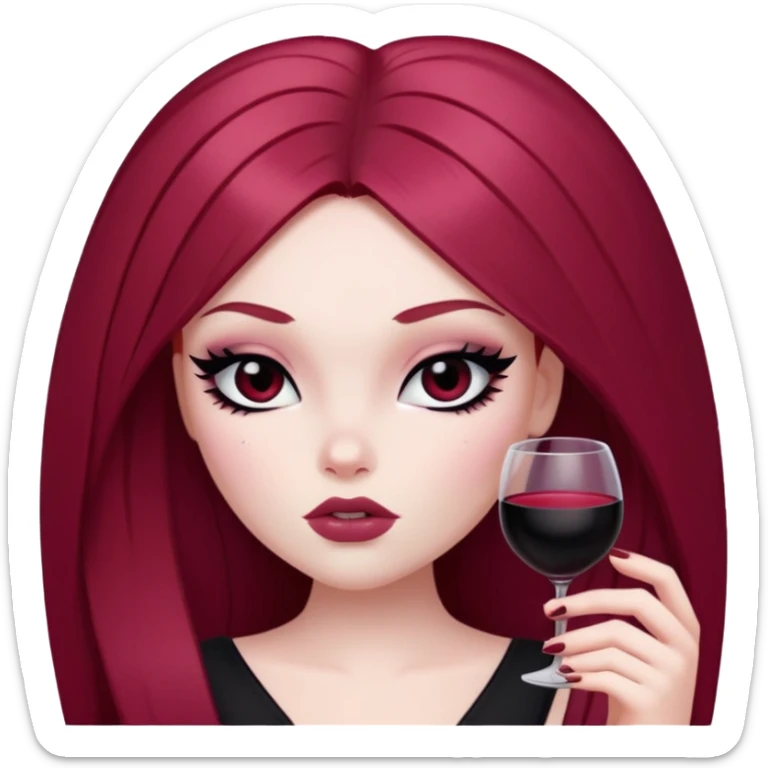 straight long wine red hair, pale skin, dark black eyes, pretty bratz baddie, black eyeliner, blush sticker