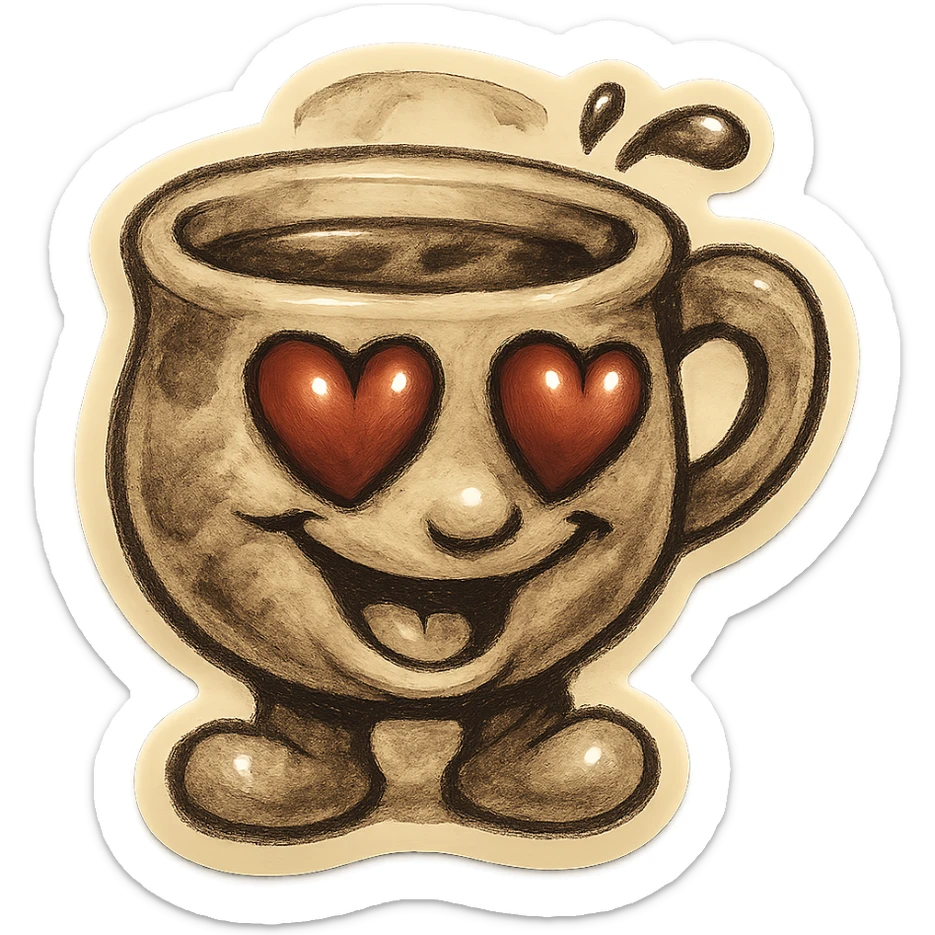 Ink wash style, coffee cup creature, big heart eyes, dopey smile sticker