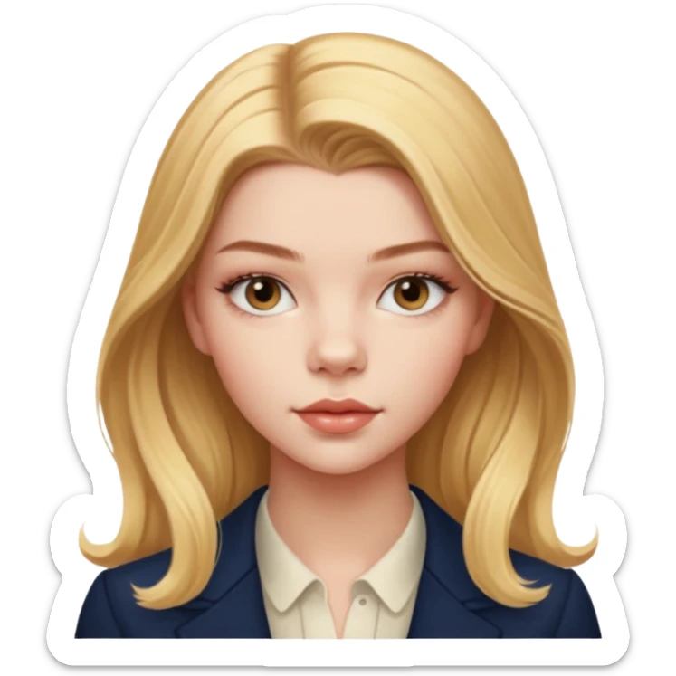 Cinematic Realistic Anya Taylor Joy Portrait, depicted with lifelike skin texture, subtle rosy undertones, and soft natural lighting that enhances the gentle contours of her face. Her intricately detailed golden blonde hair is elegantly. sticker