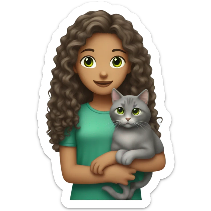 Long Curly hair girl with brown eyes holding a grey cat with green eyes sticker