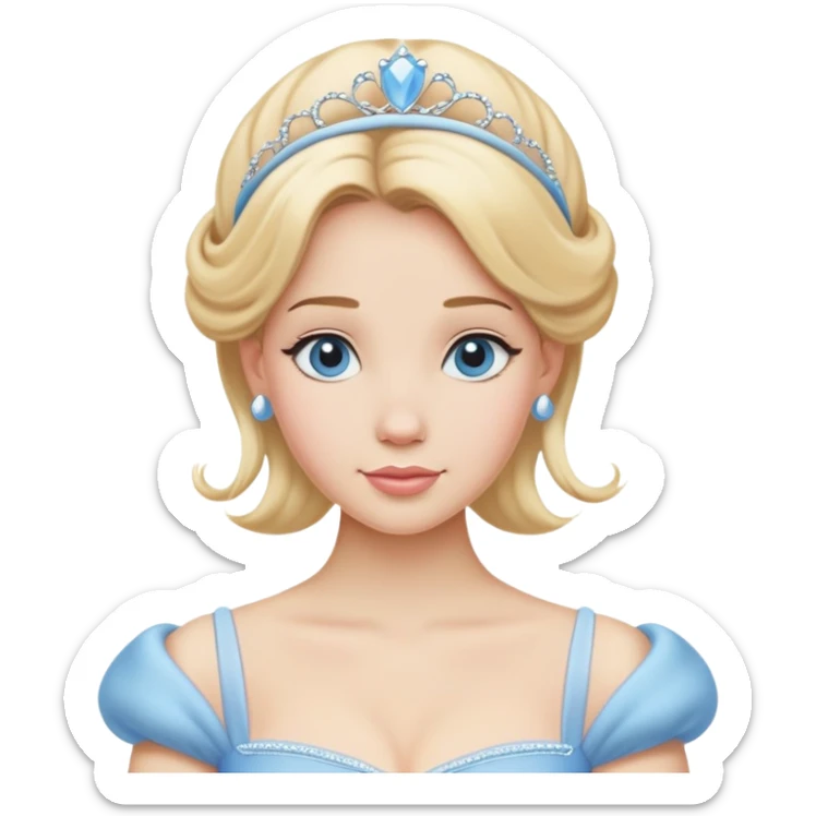Cinderella from hips up, classic light blue ballgown, blonde hair with headband, minimal style but very recognizable sticker