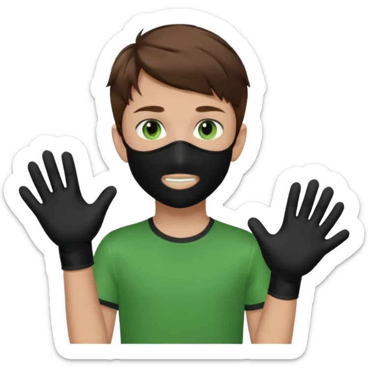 Chico de pelo marrón y ojos verdes. Con un cubre bocas negro, que tiene una camisa verde por encima de una remera blanca, y tiene un guante negro en una sola de las manos. sticker