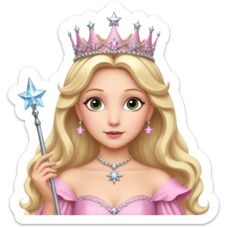 glinda the good witch from wicked movie (ariana) blonde hair, beautiful, big silver thin tiara, star wand, pink gown sticker
