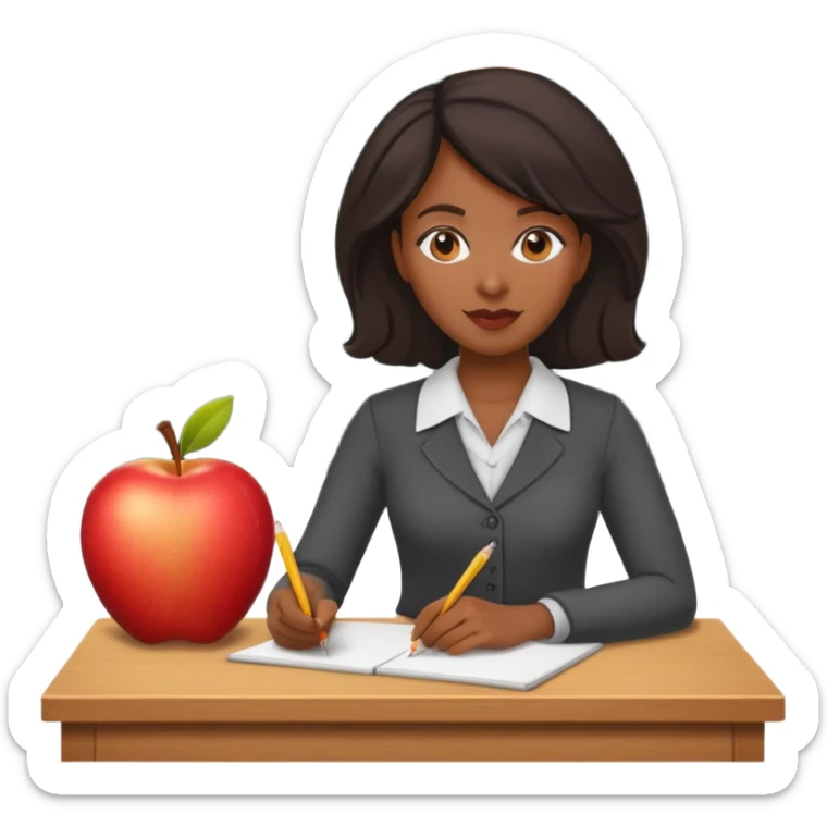Black female teacher at desk with one apple and one pencil chalkboard in back  sticker