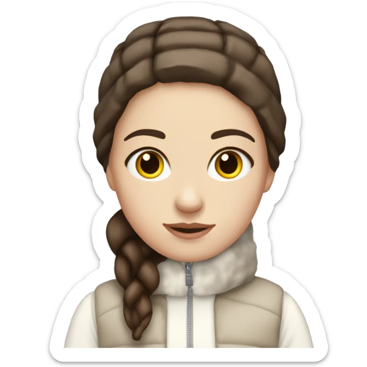 white girl with straight brown hair and dark brown eyes wearing a white and brown winter outfit sticker
