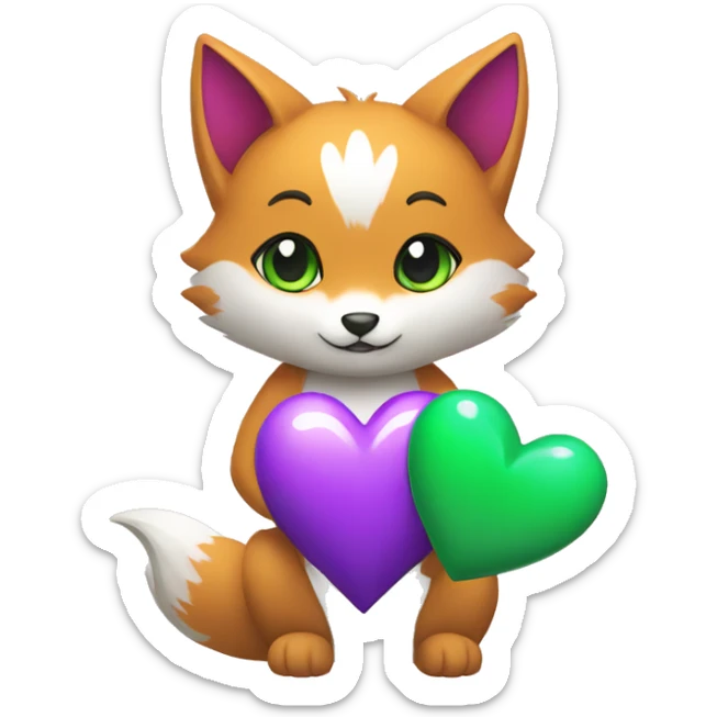 A Kitsune Holding a Purple Heart, a Green Heart and a White Heart sticker