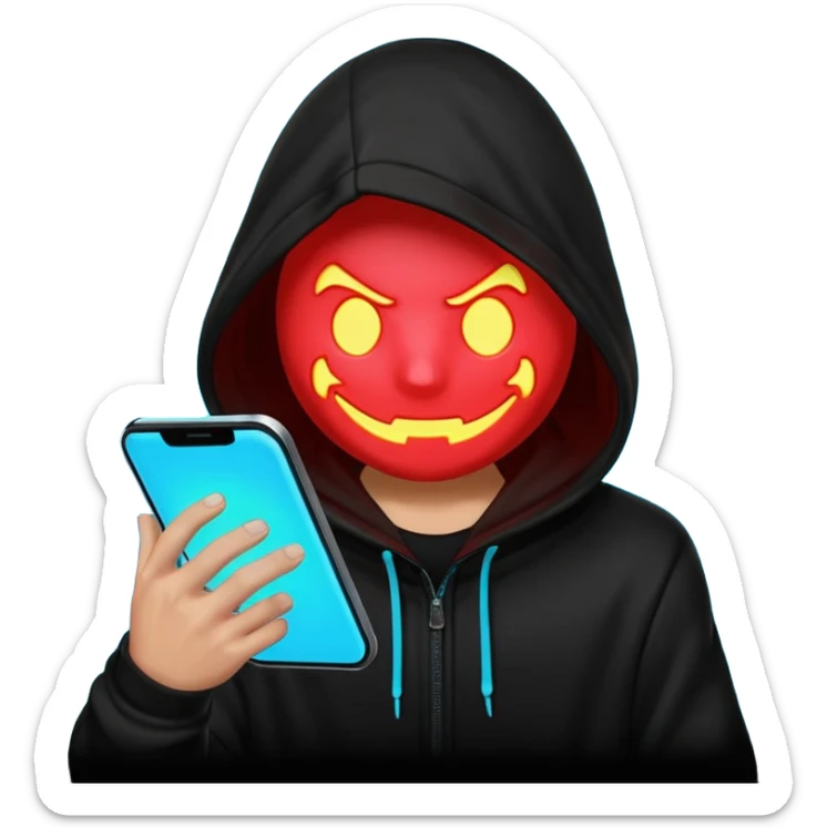 Black-hooded neon hacker emoji, red and cyan glow only, slamming glowing text “FTHESCAMMERS” with impact flash, aggressive anti-scam vibe, smooth 2-second loop, transparent background, Discord sticker style, no new colors. sticker