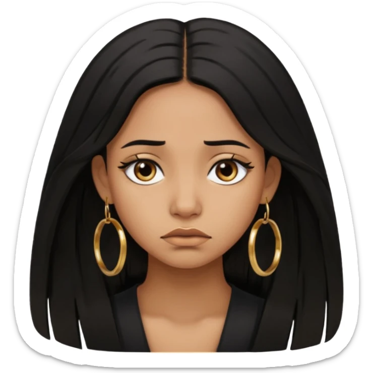 brown girl who has long layered black hair with gold earrings  who is sad sticker