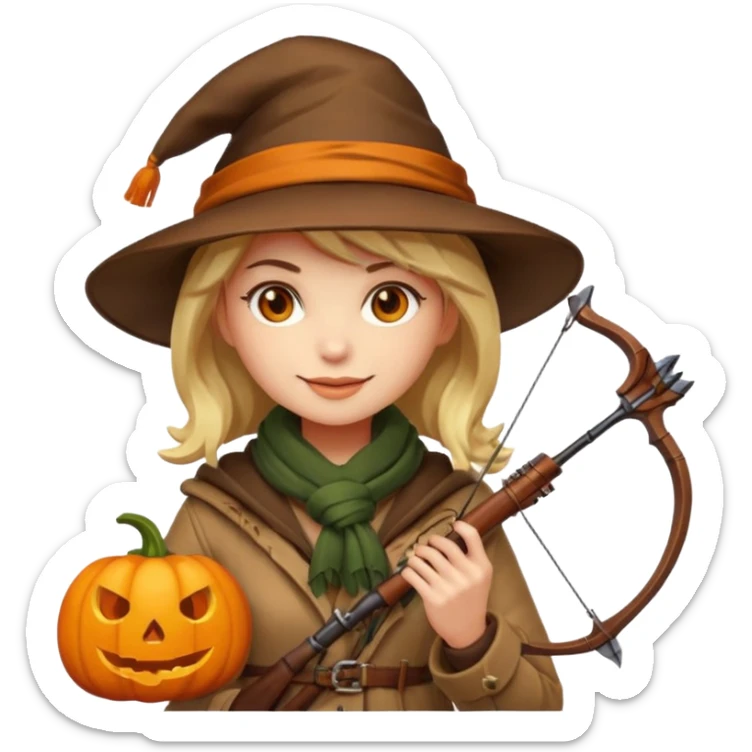female human monster hunter emoji, wearing brown coat and hat, holding crossbow, soft smile, scarf, glowing pumpkin by her side, Halloween fantasy style, clean vector Apple emoji look, bright colors, white background, square sticker
