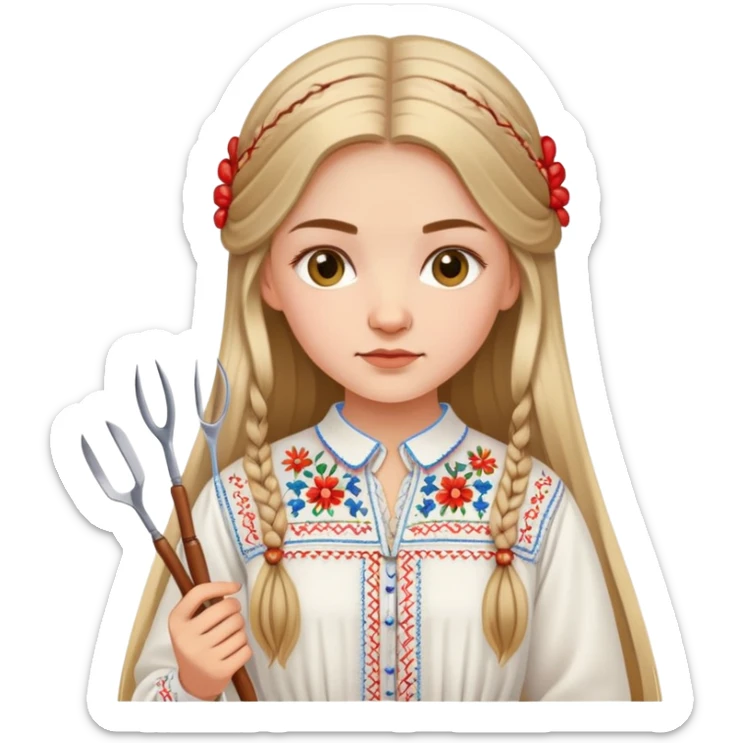 Ukrainian young girl with long hair wearing a white embroidered traditional shirt (vyshyvanka) holding sewing tools like a needle and thread sticker