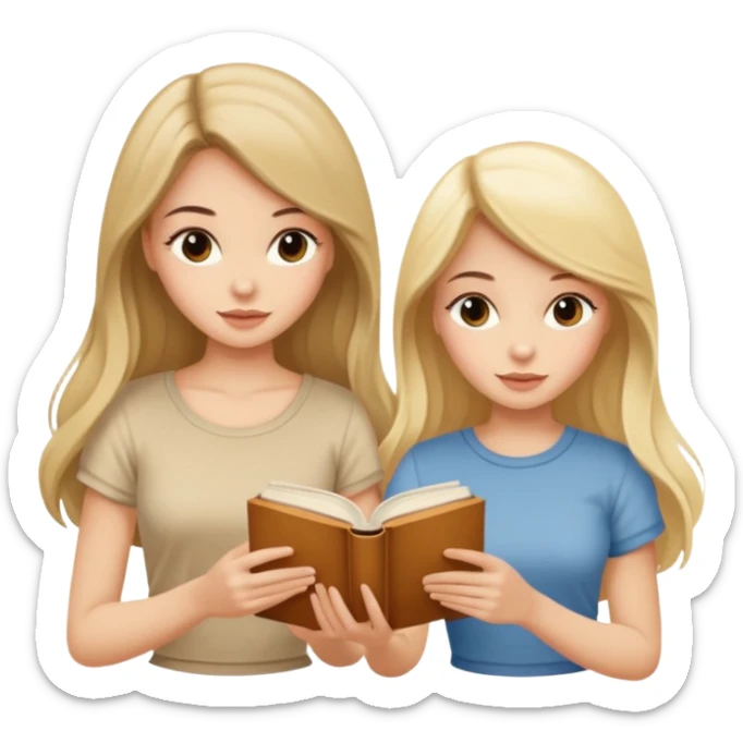 two beautiful girls in beige tops reading a beautiful vintage book. one brunette, the other blonde. both with long hair with sticker