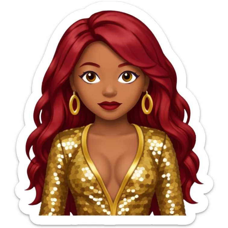 LaTavia Robeson with long dark red hair, gold sequin outfit sticker