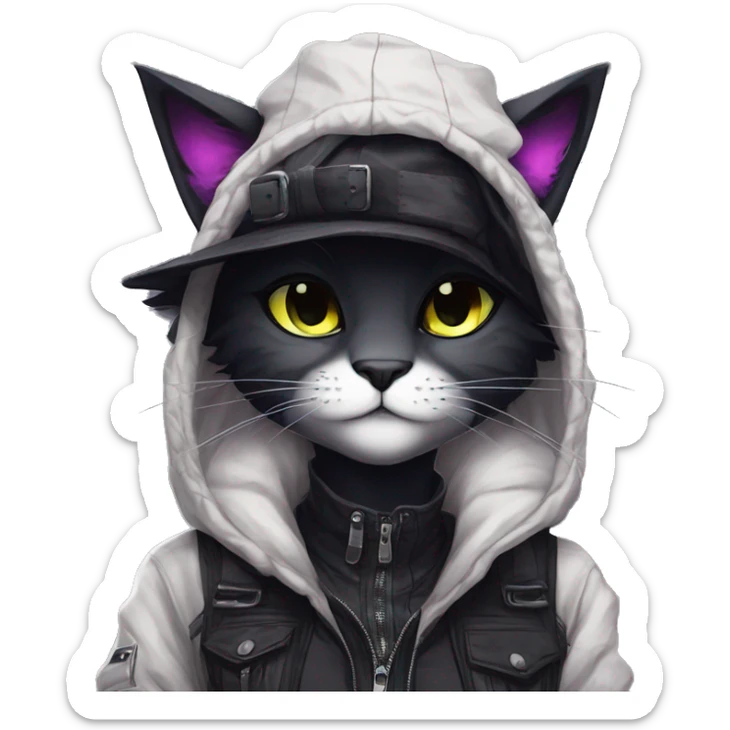 Edgy Beautiful Cool Kawaii Anthro dark cat-fursona punk techwear and hat sticker