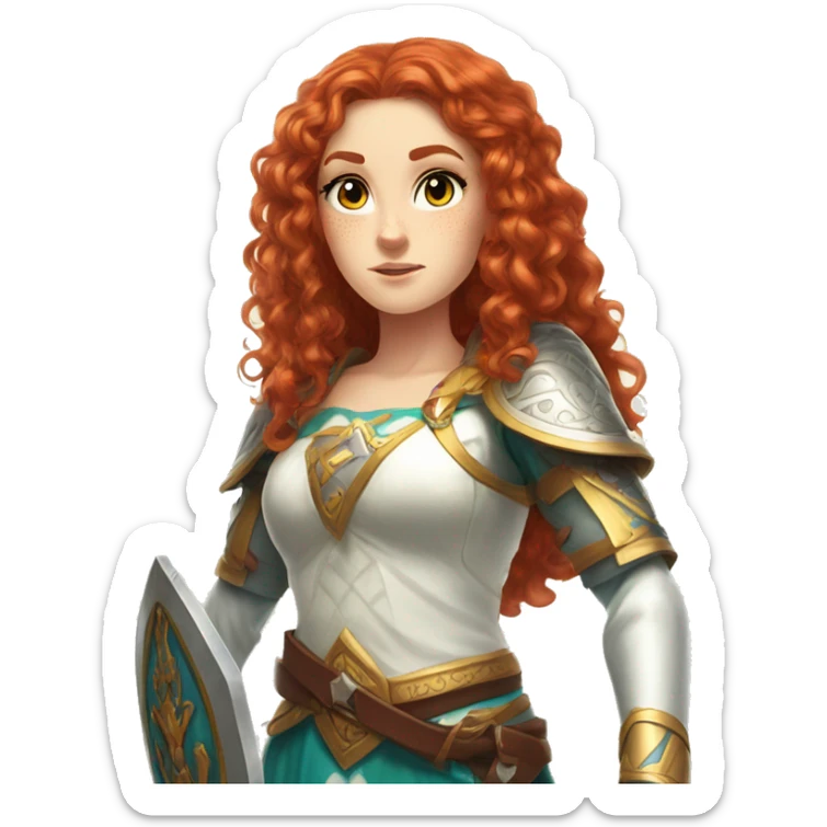 a white girl with long red curly hair and freckles, cosplaying Princess Zelda posing and ready for a fight sticker