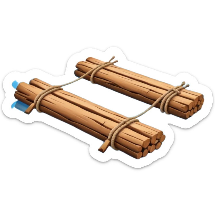 showing a simple wooden raft floating on calm blue water — made of several brown logs tied together with rope — gentle ripples around it — bright, cheerful lighting and soft shadows — minimalist, clean emoji design sticker