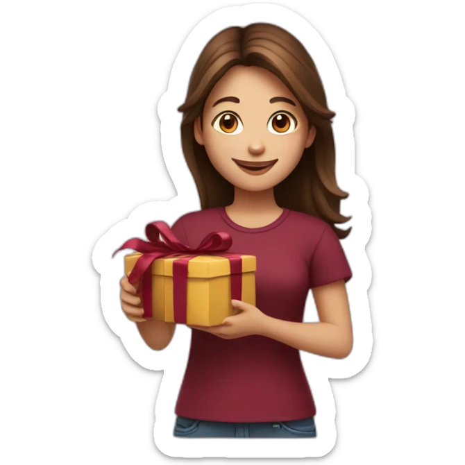 girl with brown hair, smiling, in a burgundy shirt, holding a gift in her hands sticker