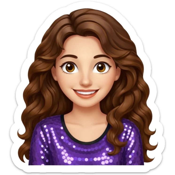 30 yr old italian woman, long brown wavy hair, big brown eyes, huge smile, sequin shirt, no bangs,  sticker