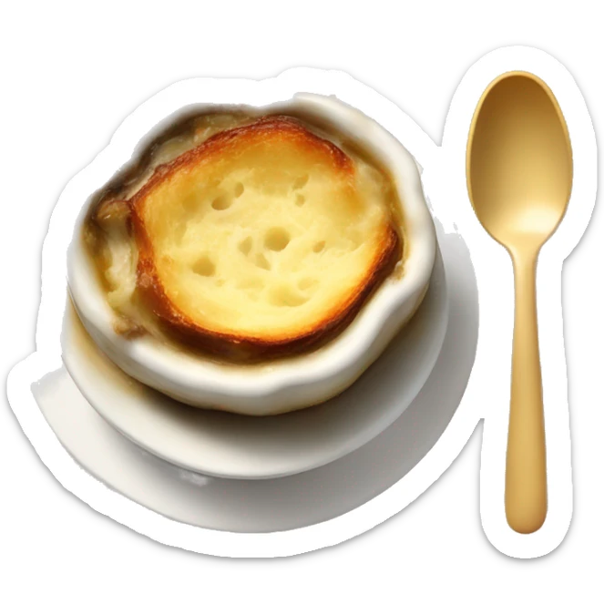 A bowl of French onion soup with a glass of Chardonnay sticker