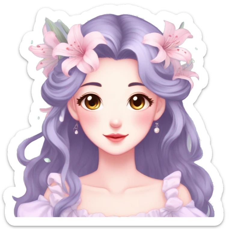 Gorgeous pastel anime style lady with blushing face and lilies cottagecore fairycore pastelcore colorful pearly romantic simplistic aesthetic trending style sticker