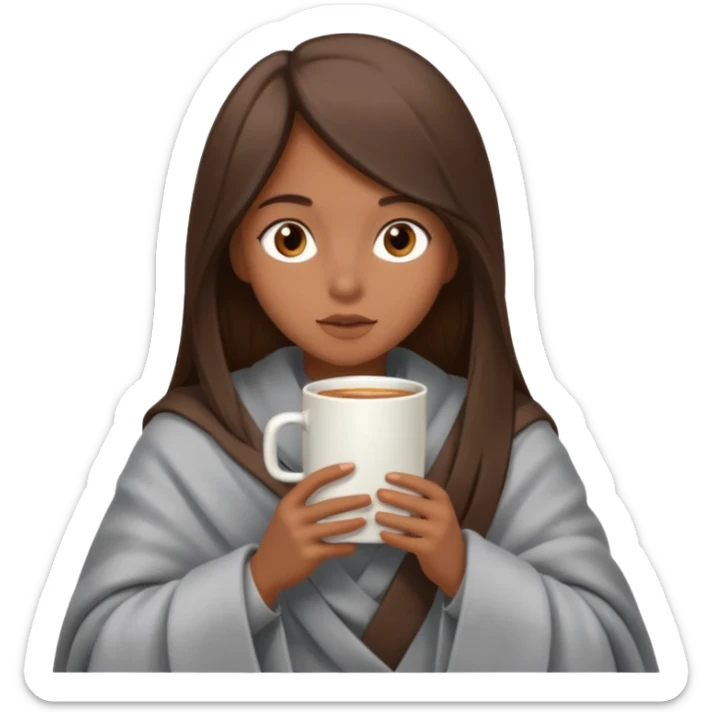 A girl with brown eyes, an ios emoji, long straight hair, wrapped in a gray blanket, and drinking from a New Year's mug sticker