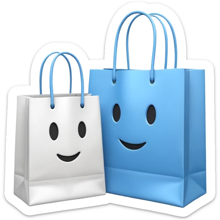 A 3D emoji of two white paper shopping bags, one large and one small, standing next to each other. Soft studio lighting, smooth 3D rendering, claymorphism style, minimalist design, cute, high resolution, isolated on a white background. sticker