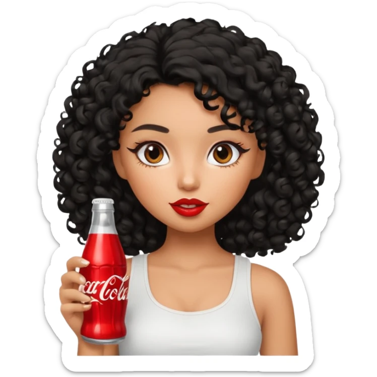 a pretty tan bratz girl with black curly hair drinking coca cola. minimal makeup. white top sticker