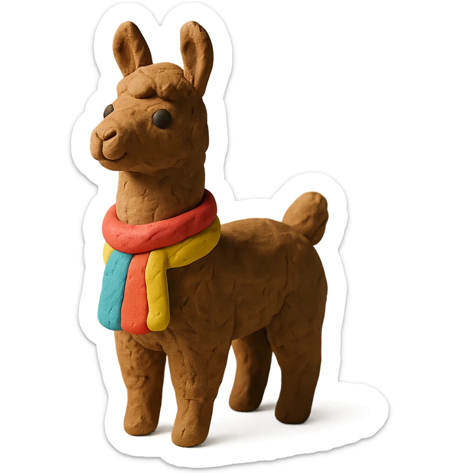 llama in claymation style wearing a colorful scarf with a matte finish sticker