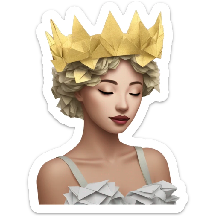  lady wearing melting golden crown vaporwave made of 420 origami newspaper roses hemp leaves lantern fairy lights burning paper vaporwave sticker