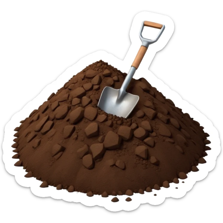 A 3D cartoon pile of dark brown soil with a small shovel inserted, rough texture, natural lighting, soft shadow, realistic Memoji-style rendering. sticker