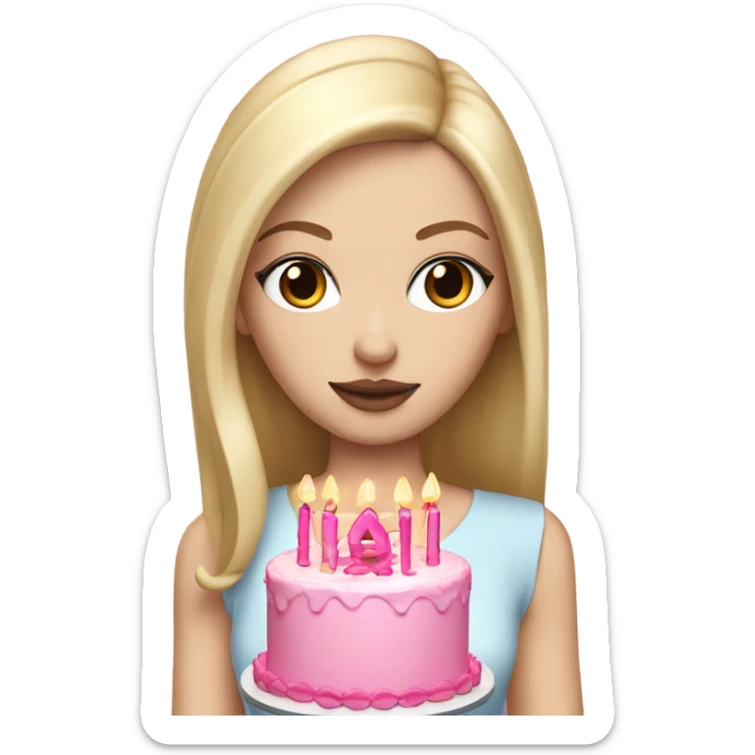 White girl with blonde straight hair, pink lips, dark eyes, white and pink birthday cake in hands sticker