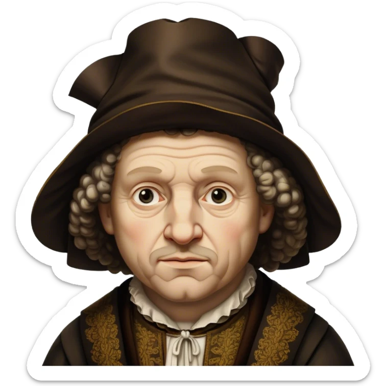 Cinematic Realistic portrait of Rembrandt, shown as a master artist with deep, introspective eyes and richly detailed period clothing, rendered with dramatic chiaroscuro lighting that emphasizes his legacy sticker