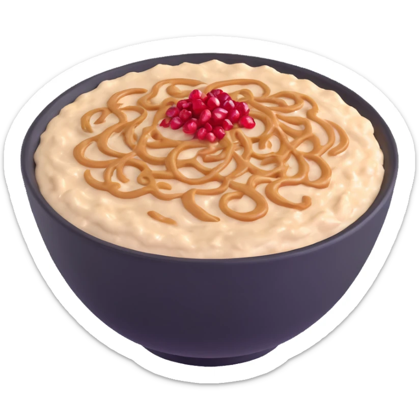 bowl of creamy oatmeal topped with swirls of peanut butter, shredded coconut, and ruby red pomegranate seeds sticker