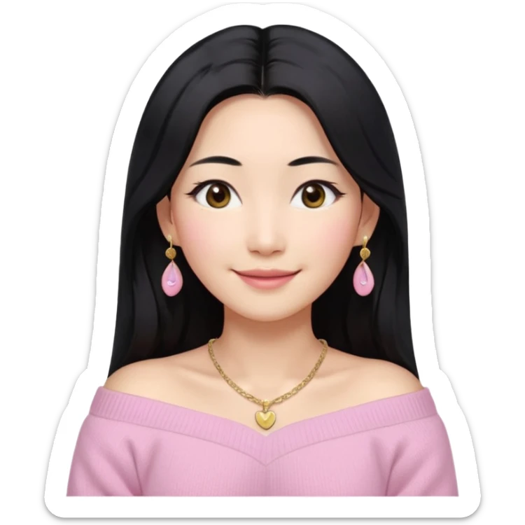 South Korean girl in her mid-thirties with long black hair and a middle part. She is wearing a baby pink, off the shoulder long sleeve knit sweater. She has small gold earrings and a gold necklace. She has brown eyes with narrow, mono lid shape and smiling with lips together sticker