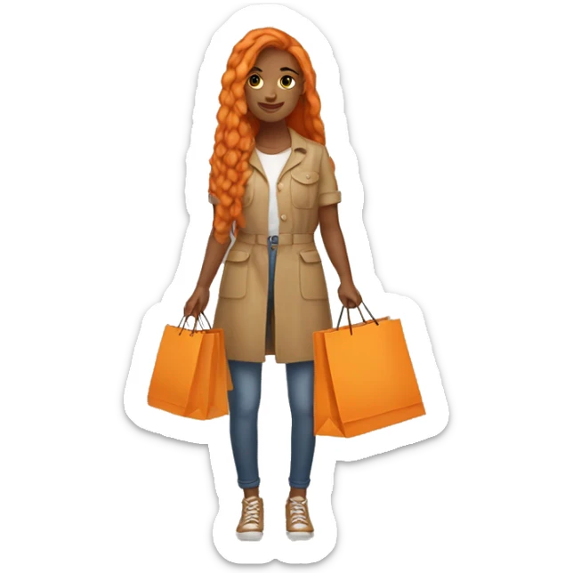 Tan girl with long orange hair wearing cute outfit holding shopping bags sticker