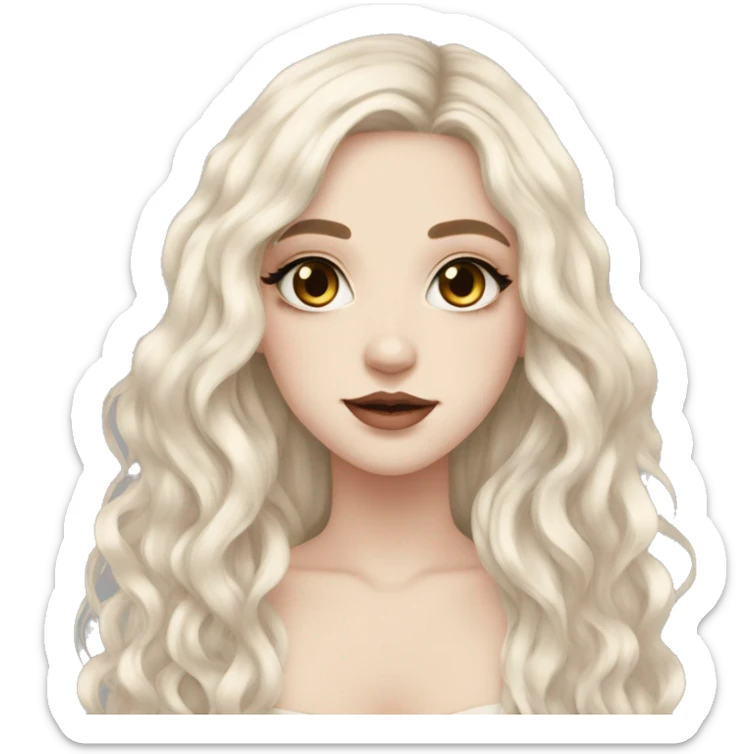 pale goth girl with long wavy black hair, almond shaped hazel eyes light skin with blush  sticker