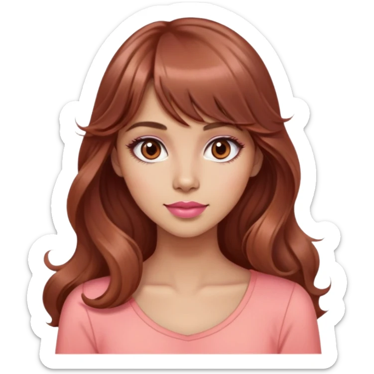 cute woman, light tan skin, big brown eyes, very long wavy auburn hair, bangs, pink top, coral lipstick sticker