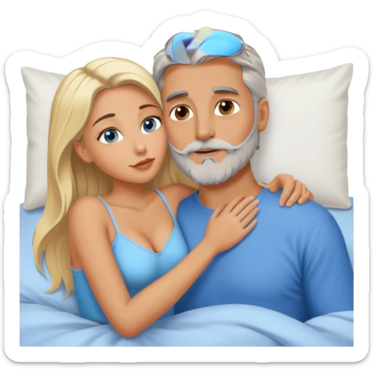 Cuddling Man with hazel eyes and gray beard kissing sexy  blonde blue-eyed  woman in bed sticker