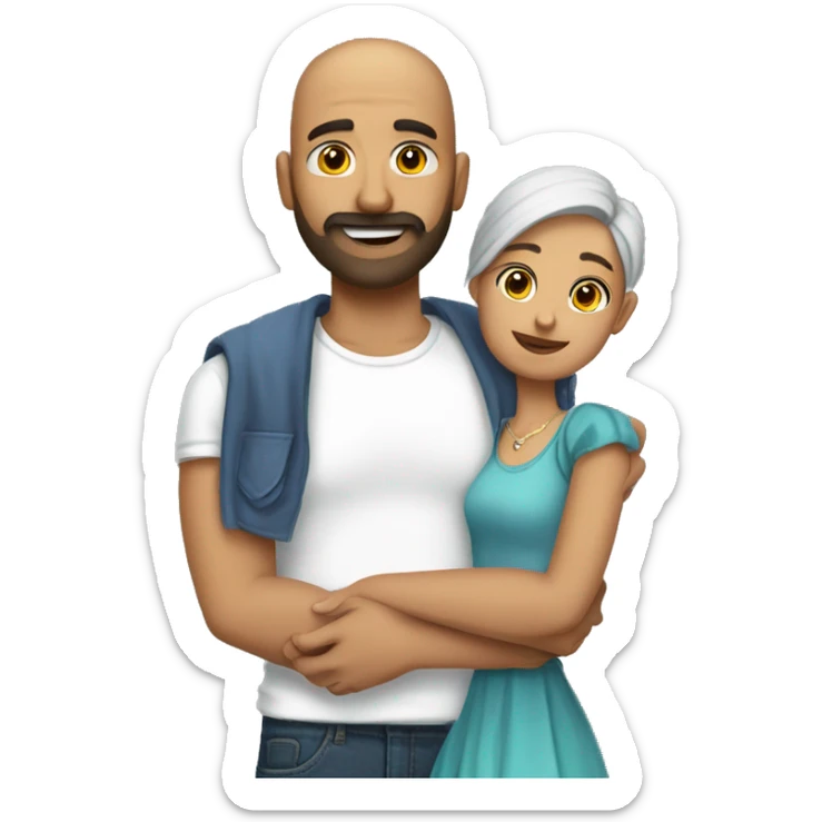 Indian Beard guy with bald head in a tshirt and jeans hand hugging  girl with with a dress  sticker